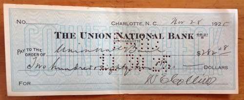 CHEQUE 1925 USA THE UNION NATIONAL BANK CHARLOTTE NORTH CAROLINA UNITED STATES of AMERICA US$282.08.