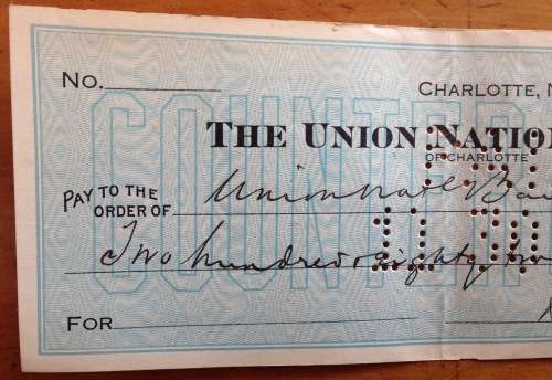 CHEQUE 1925 USA THE UNION NATIONAL BANK CHARLOTTE NORTH CAROLINA UNITED STATES of AMERICA US$282.08.