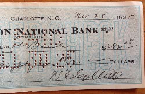 CHEQUE 1925 USA THE UNION NATIONAL BANK CHARLOTTE NORTH CAROLINA UNITED STATES of AMERICA US$282.08.