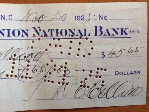 CHEQUE 1925 THE UNION NATIONAL BANK UNB CHARLOTTE NORTH CAROLINA UNITED STATES of AMERICA US$45.65.