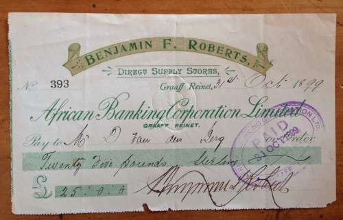 CHEQUE=1899=AFRICAN BANKING CORPORATION LIMITED=GRAAFF REINET=CAPE of GOOD HOPE=121 years
