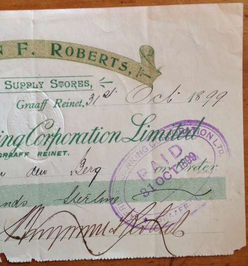 CHEQUE=1899=AFRICAN BANKING CORPORATION LIMITED=GRAAFF REINET=CAPE of GOOD HOPE=121 years