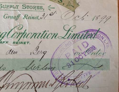 CHEQUE=1899=AFRICAN BANKING CORPORATION LIMITED=GRAAFF REINET=CAPE of GOOD HOPE=121 years