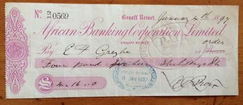 CHEQUE=1897=AFRICAN BANKING CORPORATION LIMITED=GRAAFF REINET=CAPE of GOOD HOPE=123 years