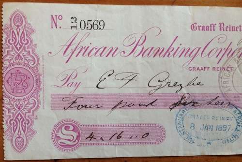 CHEQUE=1897=AFRICAN BANKING CORPORATION LIMITED=GRAAFF REINET=CAPE of GOOD HOPE=123 years