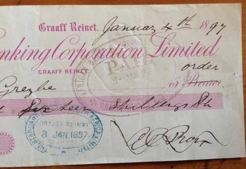 CHEQUE=1897=AFRICAN BANKING CORPORATION LIMITED=GRAAFF REINET=CAPE of GOOD HOPE=123 years