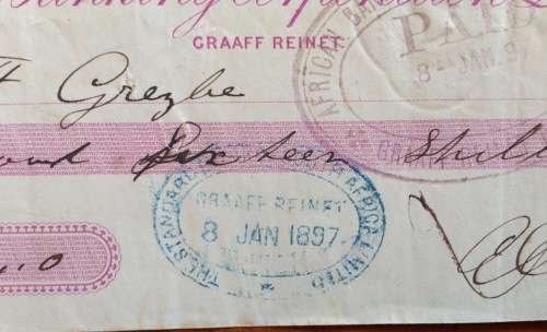 CHEQUE=1897=AFRICAN BANKING CORPORATION LIMITED=GRAAFF REINET=CAPE of GOOD HOPE=123 years