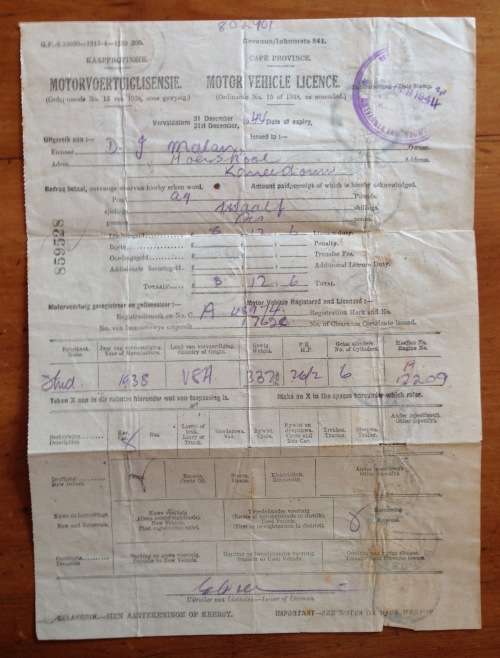 MOTOR VEHICLE LICENCE 1944 KARREEDOUW CAPE PROVINCE UNION of SOUTH AFRICA WWII 3d War Effort x 13.
