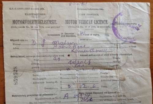 MOTOR VEHICLE LICENCE 1944 KARREEDOUW CAPE PROVINCE UNION of SOUTH AFRICA WWII 3d War Effort x 13.