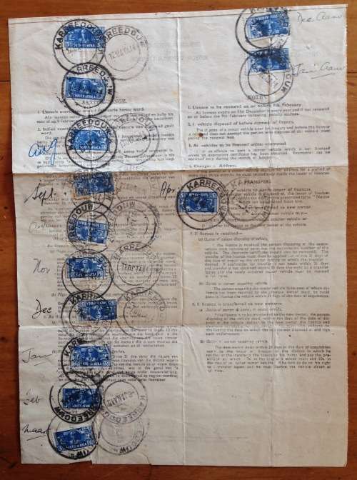 MOTOR VEHICLE LICENCE 1944 KARREEDOUW CAPE PROVINCE UNION of SOUTH AFRICA WWII 3d War Effort x 13.
