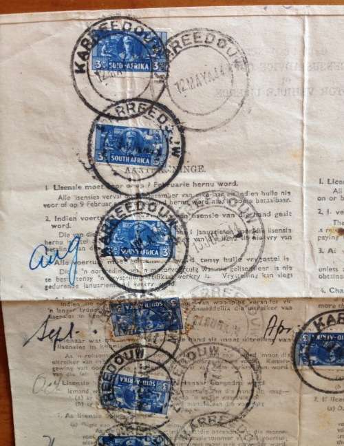 MOTOR VEHICLE LICENCE 1944 KARREEDOUW CAPE PROVINCE UNION of SOUTH AFRICA WWII 3d War Effort x 13.