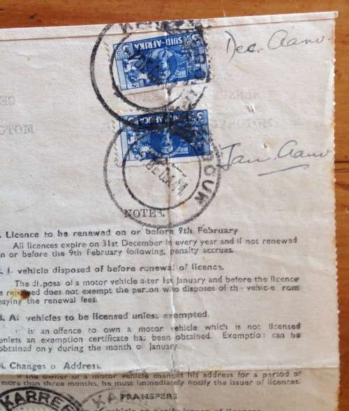 MOTOR VEHICLE LICENCE 1944 KARREEDOUW CAPE PROVINCE UNION of SOUTH AFRICA WWII 3d War Effort x 13.