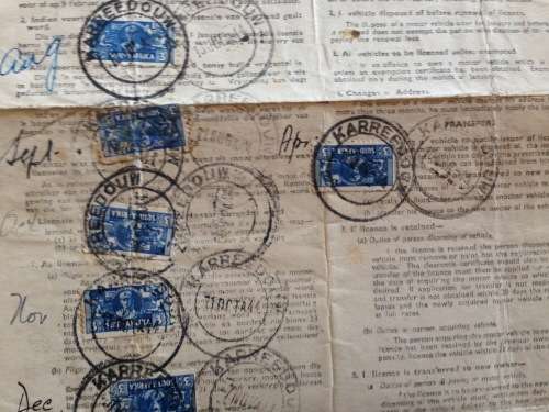 MOTOR VEHICLE LICENCE 1944 KARREEDOUW CAPE PROVINCE UNION of SOUTH AFRICA WWII 3d War Effort x 13.