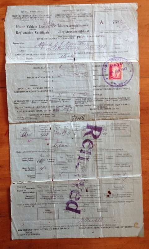 MOTOR VEHICLE LICENCE 1942 DURBAN NORTH NATAL UNION of SOUTH AFRICA WWII 3d War Effort x 17 1d x 1..