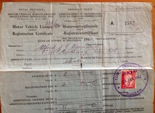 MOTOR VEHICLE LICENCE 1942 DURBAN NORTH NATAL UNION of SOUTH AFRICA WWII 3d War Effort x 17 1d x 1..