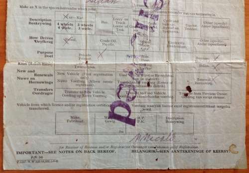 MOTOR VEHICLE LICENCE 1942 DURBAN NORTH NATAL UNION of SOUTH AFRICA WWII 3d War Effort x 17 1d x 1..