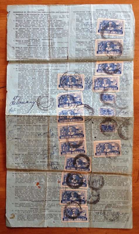 MOTOR VEHICLE LICENCE 1942 DURBAN NORTH NATAL UNION of SOUTH AFRICA WWII 3d War Effort x 17 1d x 1..