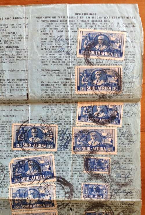 MOTOR VEHICLE LICENCE 1942 DURBAN NORTH NATAL UNION of SOUTH AFRICA WWII 3d War Effort x 17 1d x 1..
