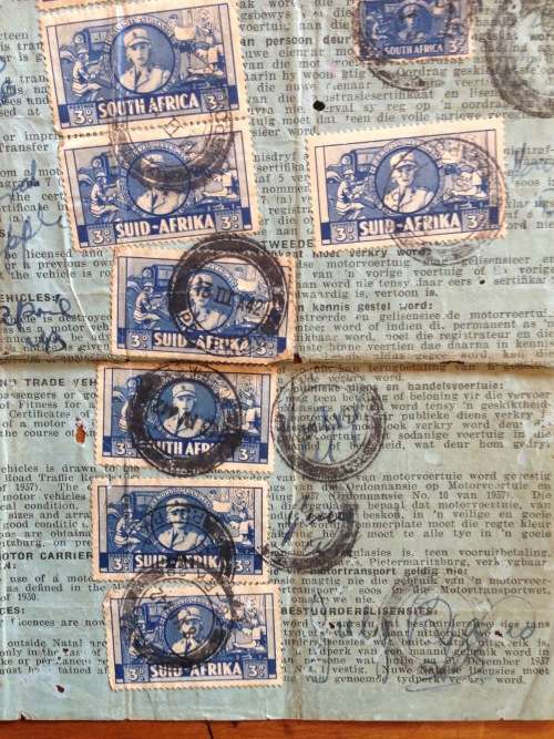 MOTOR VEHICLE LICENCE 1942 DURBAN NORTH NATAL UNION of SOUTH AFRICA WWII 3d War Effort x 17 1d x 1..