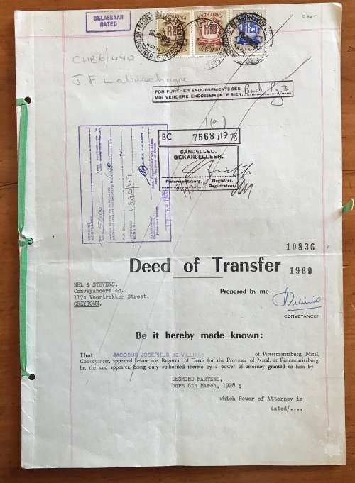 1969 DEED of TRANSFER PIETERMARITZBURG GREYTOWN NATAL REGISTRAR SEALS + RIBBON REVENUE STAMPS R31.25