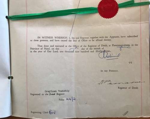 1969 DEED of TRANSFER PIETERMARITZBURG GREYTOWN NATAL REGISTRAR SEALS + RIBBON REVENUE STAMPS R31.25