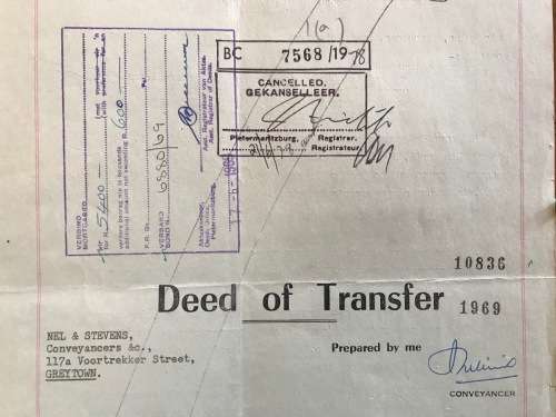 1969 DEED of TRANSFER PIETERMARITZBURG GREYTOWN NATAL REGISTRAR SEALS + RIBBON REVENUE STAMPS R31.25