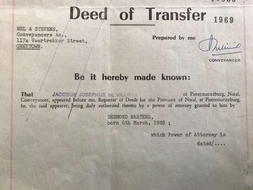 1969 DEED of TRANSFER PIETERMARITZBURG GREYTOWN NATAL REGISTRAR SEALS + RIBBON REVENUE STAMPS R31.25