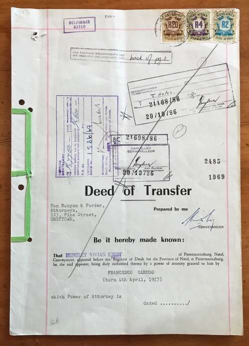 1969 DEED of TRANSFER PIETERMARITZBURG GREYTOWN NATAL REGISTRAR SEALS + RIBBON REVENUE STAMPS R26.00