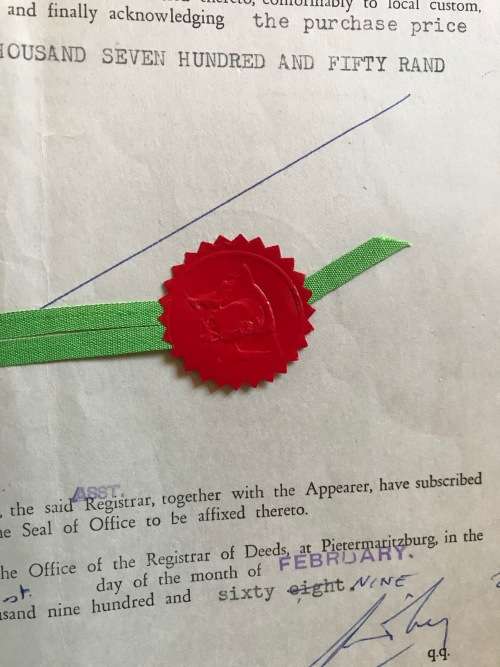 1969 DEED of TRANSFER PIETERMARITZBURG GREYTOWN NATAL REGISTRAR SEALS + RIBBON REVENUE STAMPS R26.00