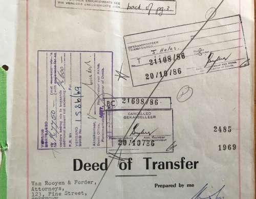 1969 DEED of TRANSFER PIETERMARITZBURG GREYTOWN NATAL REGISTRAR SEALS + RIBBON REVENUE STAMPS R26.00
