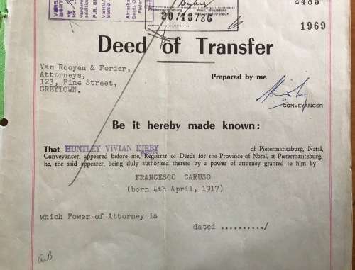 1969 DEED of TRANSFER PIETERMARITZBURG GREYTOWN NATAL REGISTRAR SEALS + RIBBON REVENUE STAMPS R26.00