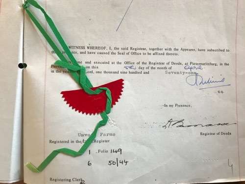 1971 DEED of TRANSFER PIETERMARITZBURG UMVOTI FARMS NATAL REGISTRAR SEALS RIBBON REVENUE STAMPS R77.