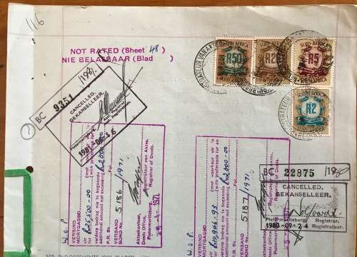 1971 DEED of TRANSFER PIETERMARITZBURG UMVOTI FARMS NATAL REGISTRAR SEALS RIBBON REVENUE STAMPS R77.