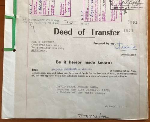 1971 DEED of TRANSFER PIETERMARITZBURG UMVOTI FARMS NATAL REGISTRAR SEALS RIBBON REVENUE STAMPS R77.