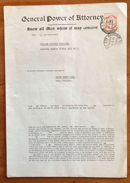 1984 GENERAL POWER of ATTORNEY GREYTOWN NATAL PITCAIRN LAUE STEVENS UHLMANN REVENUE STAMP R1.