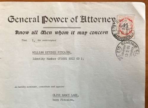 1984 GENERAL POWER of ATTORNEY GREYTOWN NATAL PITCAIRN LAUE STEVENS UHLMANN REVENUE STAMP R1.
