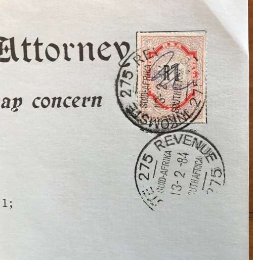 1984 GENERAL POWER of ATTORNEY GREYTOWN NATAL PITCAIRN LAUE STEVENS UHLMANN REVENUE STAMP R1.