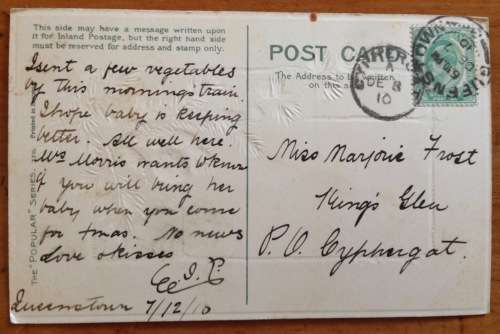POSTCARD POST CARD CAPE of GOOD HOPE QUEENSTOWN to CYPHERGAT 1910 UNION SOUTH AFRICA PUTZEL 2/18.