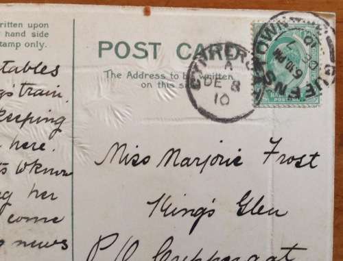 POSTCARD POST CARD CAPE of GOOD HOPE QUEENSTOWN to CYPHERGAT 1910 UNION SOUTH AFRICA PUTZEL 2/18.