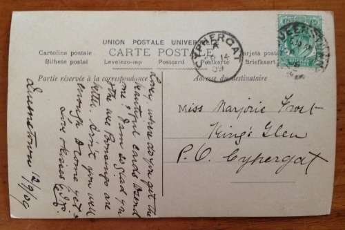 POSTCARD POST CARD CAPE of GOOD HOPE QUEENSTOWN to CYPHERGAT 1909 UNION SOUTH AFRICA PUTZEL 2/18.
