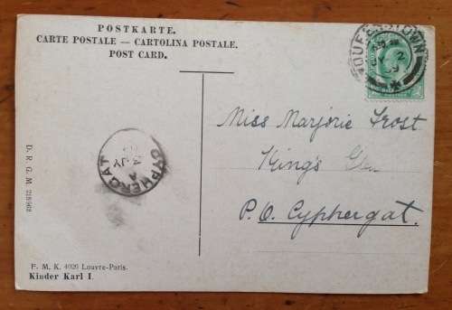 POSTCARD POST CARD CAPE of GOOD HOPE QUEENSTOWN to CYPHERGAT 1909 UNION SOUTH AFRICA PUTZEL 2/18 Art
