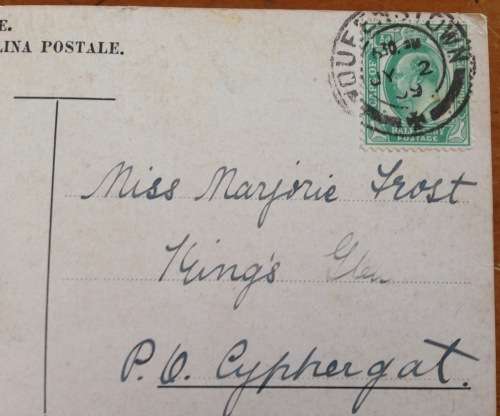 POSTCARD POST CARD CAPE of GOOD HOPE QUEENSTOWN to CYPHERGAT 1909 UNION SOUTH AFRICA PUTZEL 2/18 Art