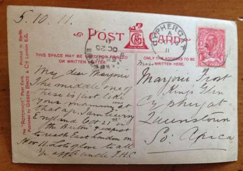 POSTCARD POST CARD CAPE of GOOD HOPE GREAT BRITAIN to CYPHERGAT 1911 UNION SOUTH AFRICA PUTZEL 2.