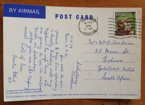 POSTCARD=POST CARD=RHODESIA=LIVINGSTONE HOUSE=MOFFAT STREET=SALISBURY=JACARANDA=1978=HARARE=ZIMBABWE