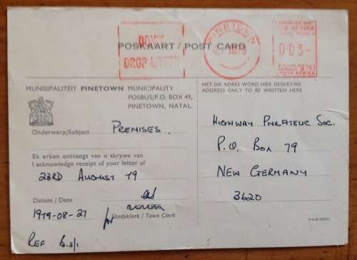 POSTCARD PINETOWN MUNICIPALITY NATAL TOWN CLERK RECEIPT NOTIFICATION HIGHWAY PHILATELIC SOCIETY 1979