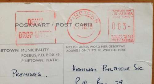POSTCARD PINETOWN MUNICIPALITY NATAL TOWN CLERK RECEIPT NOTIFICATION HIGHWAY PHILATELIC SOCIETY 1979