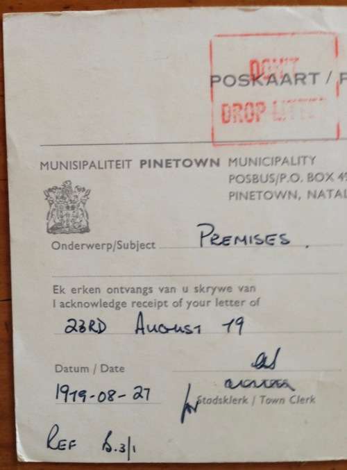 POSTCARD PINETOWN MUNICIPALITY NATAL TOWN CLERK RECEIPT NOTIFICATION HIGHWAY PHILATELIC SOCIETY 1979