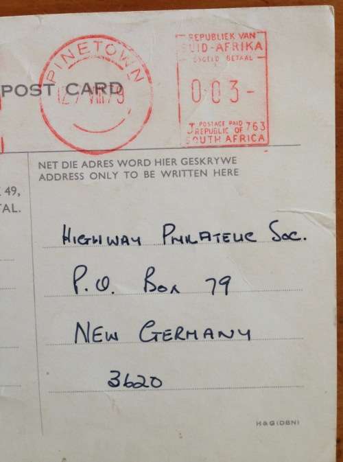 POSTCARD PINETOWN MUNICIPALITY NATAL TOWN CLERK RECEIPT NOTIFICATION HIGHWAY PHILATELIC SOCIETY 1979