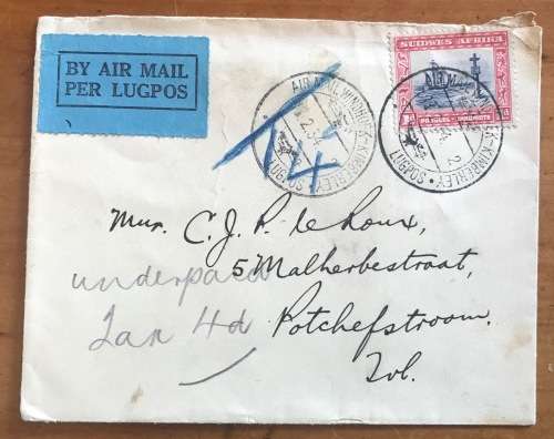 SOUTH WEST AFRICA AIRMAIL LUGPOS 1934 WINDHOEK-KIMBERLEY Underpaid 4d TAXED 4c N.G. KERK TRANSVAAL.