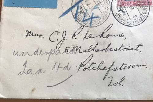 SOUTH WEST AFRICA AIRMAIL LUGPOS 1934 WINDHOEK-KIMBERLEY Underpaid 4d TAXED 4c N.G. KERK TRANSVAAL.